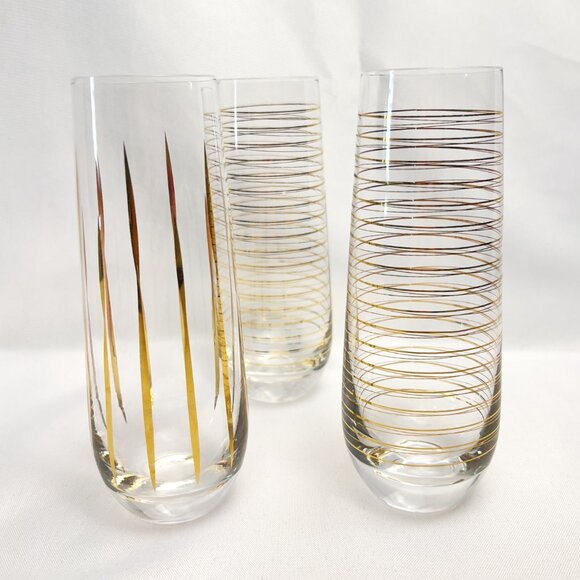 Mid-Century Modern Champagne Glass Flutes Gold & White Glassware Set of 3 - Picture 7 of 10